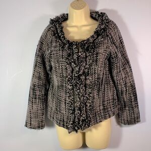 Nick & Mo Petite medium black gray chunky knit tweed fringe black jacket boucle